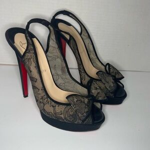 Rare Christian Louboutin Exclu Lace Black Sling back Pump Heels